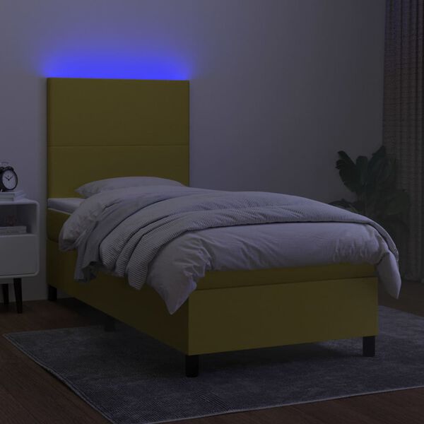 vidaXL Cama box spring c/ colch&atilde;o e LED 90x190 cm tecido verde