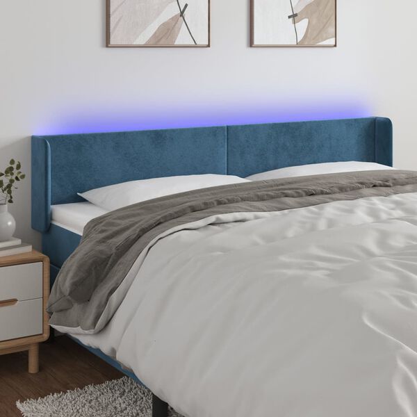 vidaXL Cabeceira cama c/ luzes LED veludo 163x16x78/88 cm azul-escuro