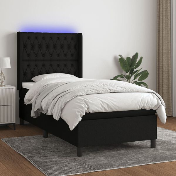 vidaXL Cama box spring c/ colch&atilde;o e LED 90x190 cm tecido preto