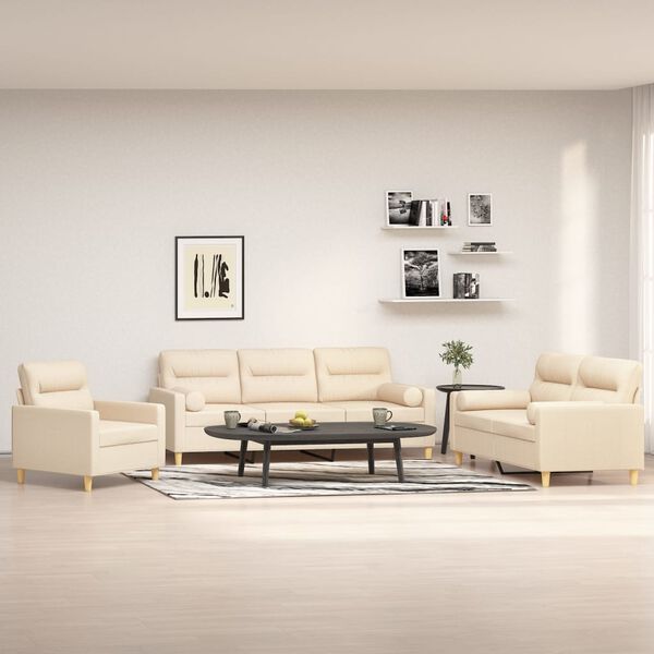 vidaXL 3 pcs conjunto de sof&aacute;s c/ almofad&otilde;es tecido cor creme