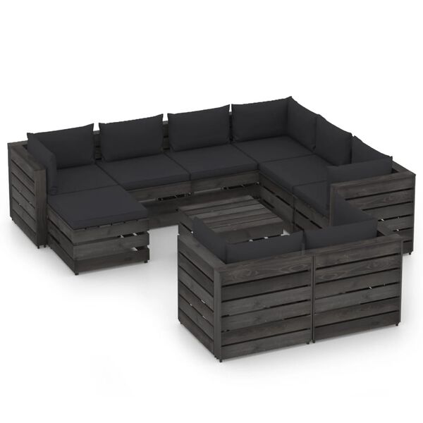 vidaXL 10pcs conj. lounge jardim + almofad&otilde;es madeira impreg. cinzento