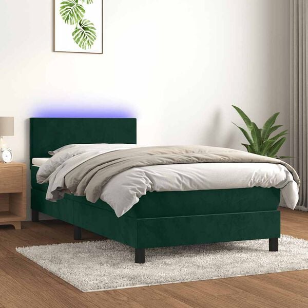 vidaXL Cama box spring c/ colch&atilde;o/LED 90x200 cm veludo verde-escuro