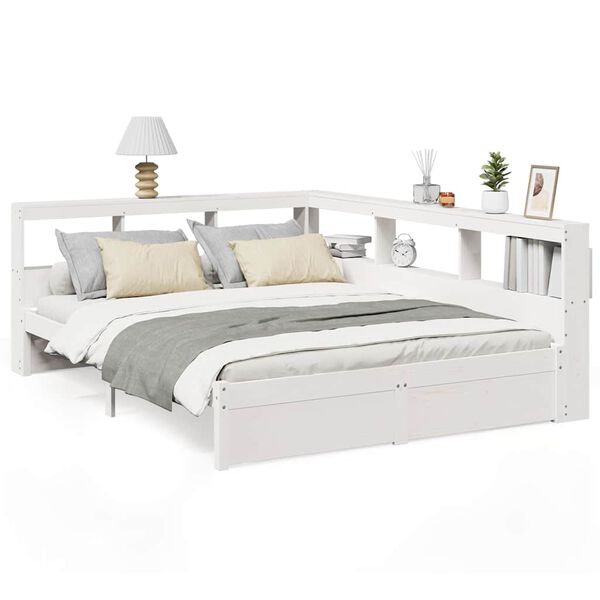 vidaXL Cama com estante sem colch&atilde;o 140x200 cm pinho maci&ccedil;o branco