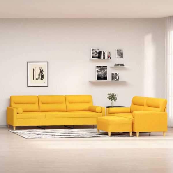 vidaXL 3 pcs conjunto de sof&aacute;s c/ almofad&otilde;es tecido amarelo-claro