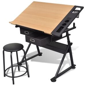 vidaXL Mesa de desenho com tampo inclin&aacute;vel/banco/2 gavetas