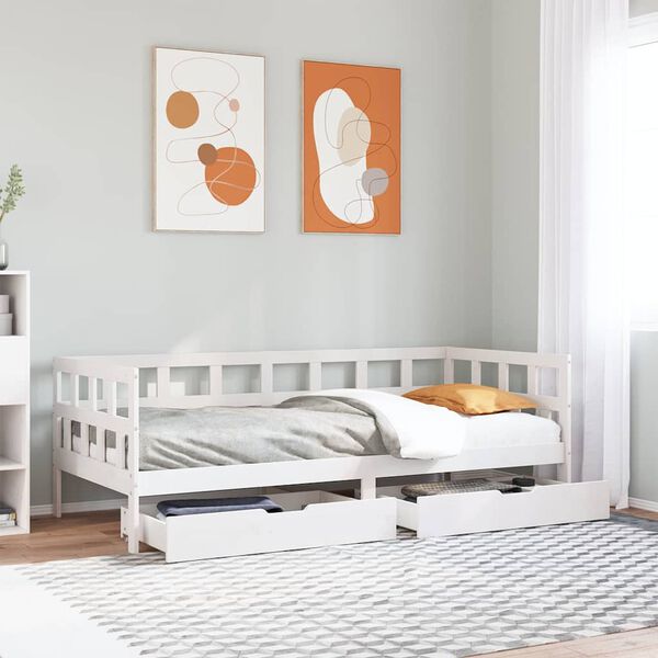 vidaXL Sof&aacute;-cama c/ gavetas 90x190 cm madeira de pinho maci&ccedil;a branco