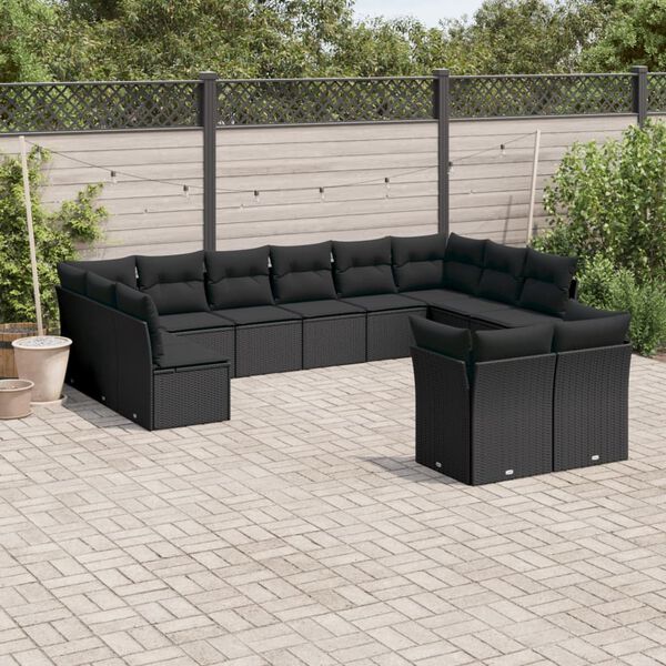 vidaXL 12 pcs conjunto de sof&aacute;s de jardim c/ almofad&otilde;es vime PE preto