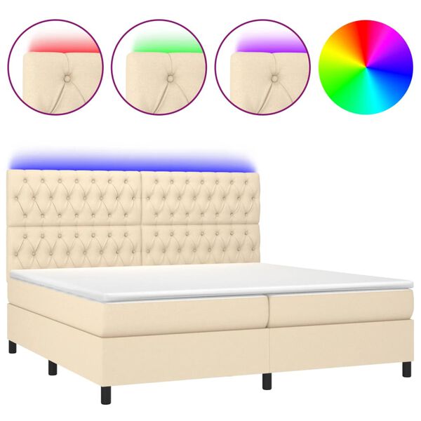 vidaXL Cama box spring c/ colch&atilde;o e LED 200x200 cm tecido cor creme