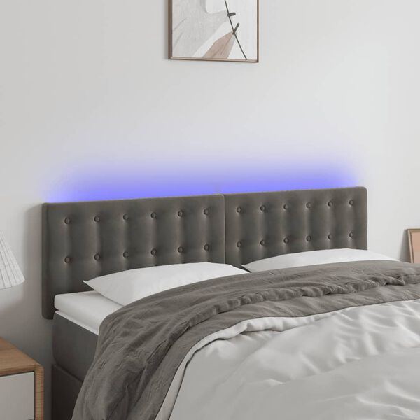vidaXL Cabeceira de cama c/luzes LED veludo 144x5x78/88cm cinza-escuro