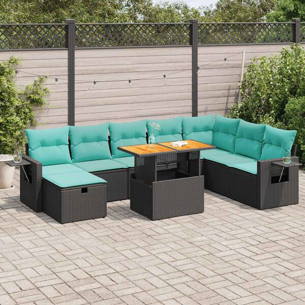 vidaXL 9 pcs conjunto sof&aacute;s p/ jardim almofad&otilde;es vime PE/ac&aacute;cia preto