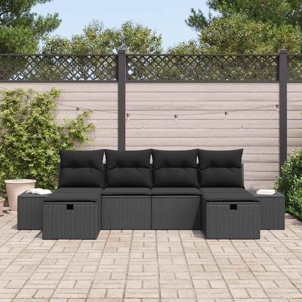 vidaXL Conjunto de Sof&aacute; de Jardim com almofada 6 pcs Preto vime PE