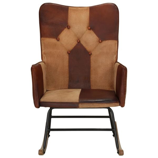 vidaXL Cadeira de baloiço couro genuíno e lona castanho