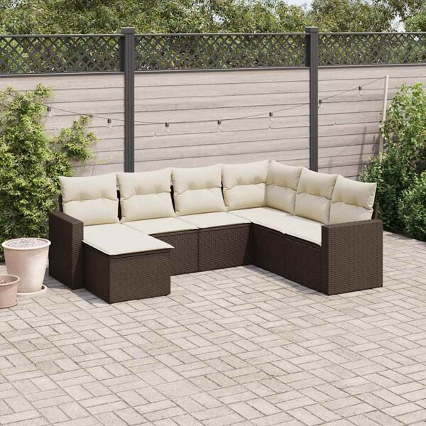 vidaXL 7 pcs conjunto de sof&aacute;s jardim c/ almofad&otilde;es vime PE castanho
