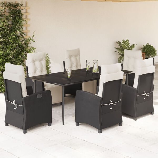 vidaXL 7 pcs conjunto de jantar p/ jardim c/ almofad&otilde;es vime PE preto