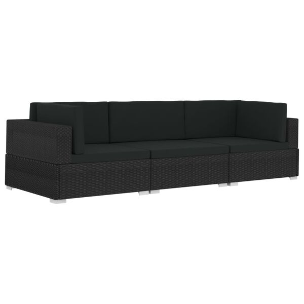 vidaXL 3 pcs conjunto sofás de jardim c/ almofadões vime PE preto