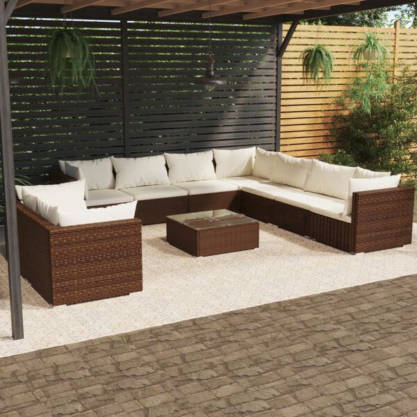 vidaXL 10 pcs conjunto lounge jardim c/ almofad&otilde;es vime PE castanho