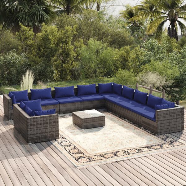 vidaXL 12 pcs conjunto lounge de jardim c/ almofad&otilde;es vime PE cinzento