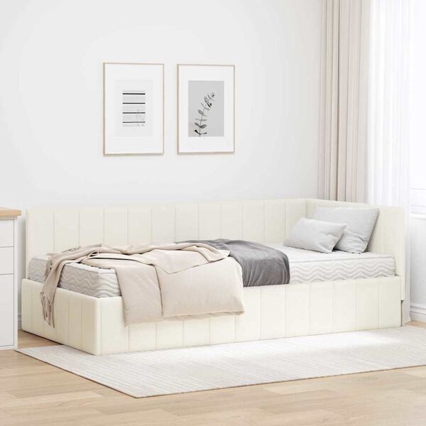 vidaXL Estrutura de Cama de Canto com Colch&atilde;o 2 pcs Creme Veludo