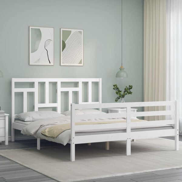 vidaXL Estrutura de cama King Size com cabeceira madeira maciça branco