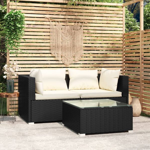 vidaXL 3 pcs conjunto lounge de jardim c/ almofad&otilde;es vime PE preto