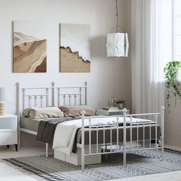 vidaXL Estrutura de cama com cabeceira e p&eacute;s 135x190 cm metal branco