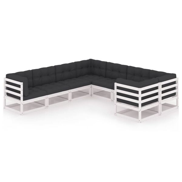 vidaXL 8 pcs conj. lounge de jardim c/ almofad&otilde;es pinho maci&ccedil;o branco