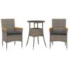 vidaXL 3 pcs conjunto jantar jardim c/ almofad&otilde;es vime PE/vidro cinza