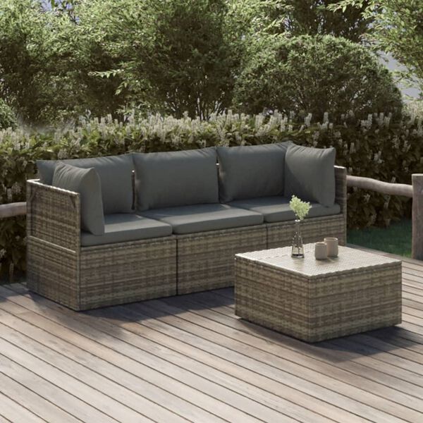 vidaXL 4 pcs conjunto lounge de jardim c/ almofad&otilde;es vime PE cinzento