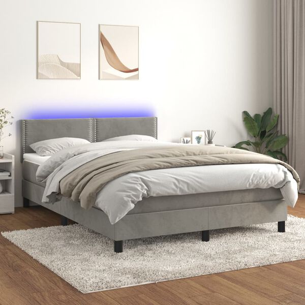 vidaXL Cama box spring c/ colch&atilde;o/LED 140x190 cm veludo cinzento