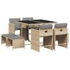 vidaXL 9 pcs conj. jantar jardim c/ almofad&otilde;es vime PE bege misturado