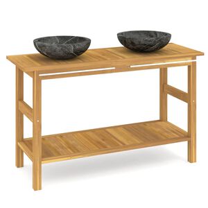 vidaXL Arm&aacute;rio casa de banho teca maci&ccedil;a c/ lavat&oacute;rios m&aacute;rmore preto