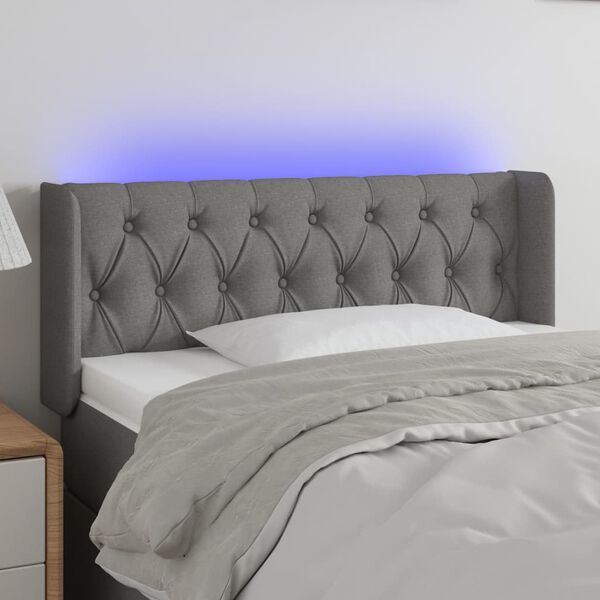 vidaXL Cabeceira cama c/ luzes LED tecido 103x16x78/88cm cinza-escuro
