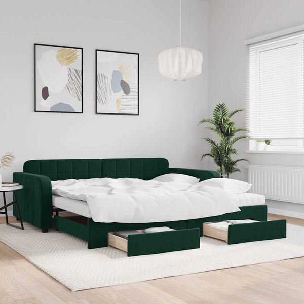 vidaXL Sofá-cama c/ gavetão e gavetas 100x200 cm veludo verde-escuro