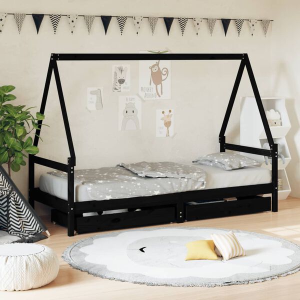 vidaXL Estrutura cama infantil c/ gavetas 80x200cm pinho maci&ccedil;o preto