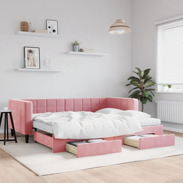vidaXL Sofá-cama com gavetão e gavetas 90x200 cm veludo rosa
