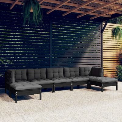 vidaXL 7 pcs conjunto lounge de jardim c/ almofadões pinho preto