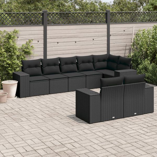 vidaXL 8 pcs conjunto sof&aacute;s de jardim com almofad&otilde;es vime PE preto