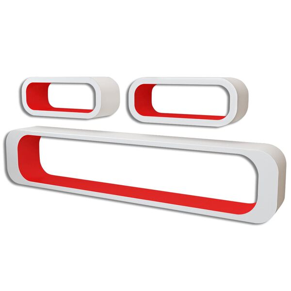 Conjunto 3 prateleiras/cubos de parede MDF branco-vermelho