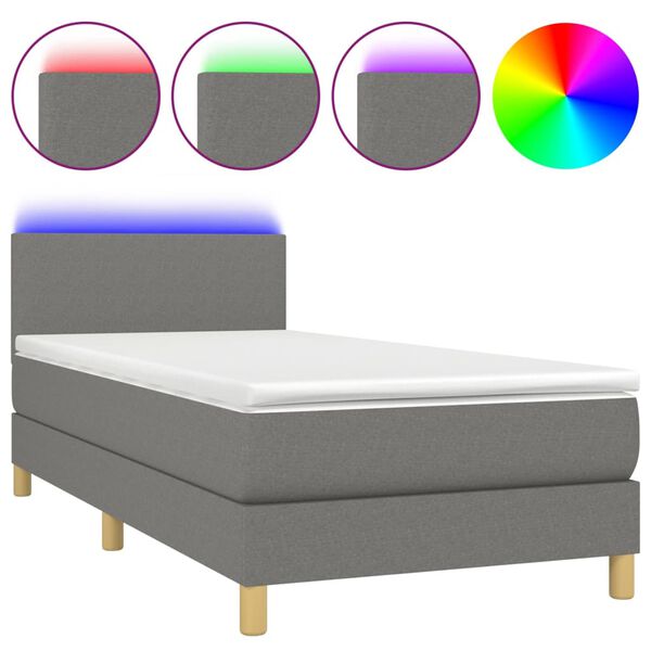 vidaXL Cama box spring c/ colch&atilde;o e LED 90x200 cm tecido cinza-escuro