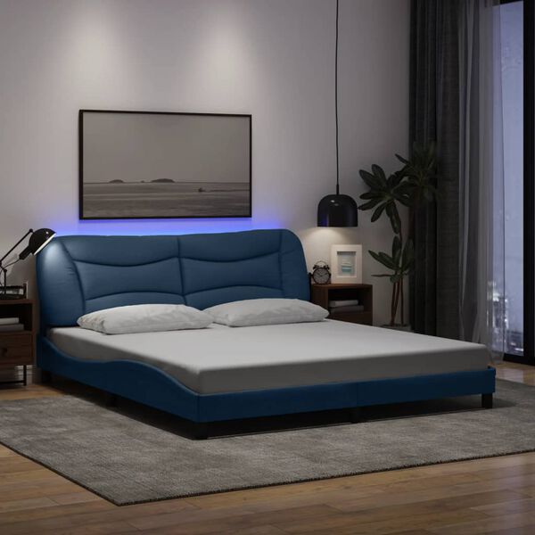 vidaXL Estrutura de cama com LED sem colch&atilde;o Hvar 180x200 cm tecido azul