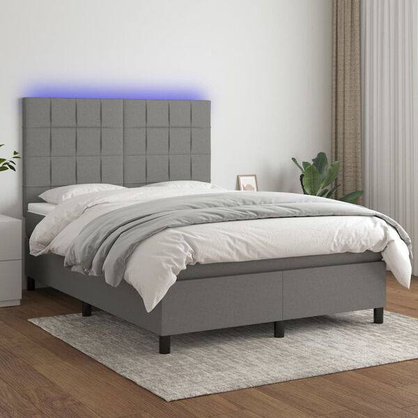 vidaXL Cama box spring c/ colch&atilde;o e LED 140x190 cm tecido cinza-escuro