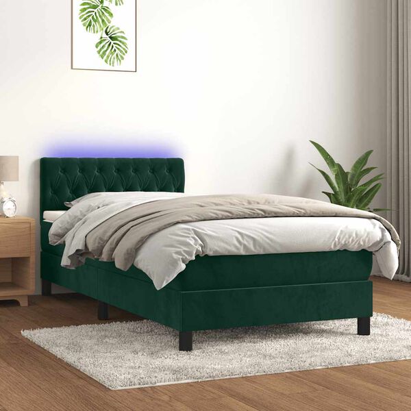 vidaXL Cama box spring c/ colch&atilde;o/LED 90x200 cm veludo verde-escuro