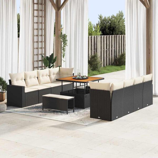 vidaXL Conjunto de Sof&aacute; de Jardim 12 pcs Preto e Creme vime PE