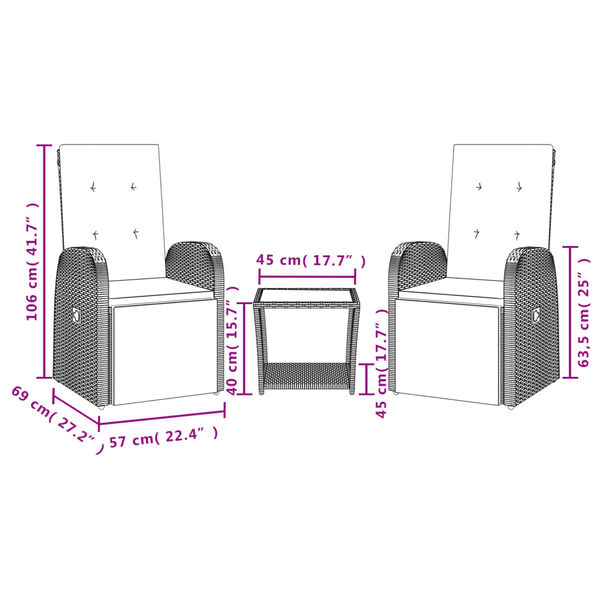 vidaXL 3 pcs conjunto de jantar p/ jardim c/ almofad&otilde;es vime PE cinza