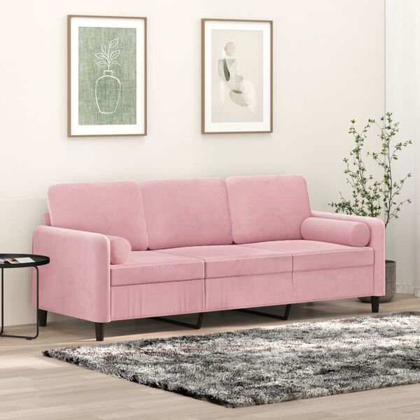 vidaXL Sof&aacute; 3 lugares c/ almofadas decorativas 180 cm veludo rosa