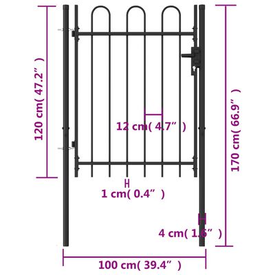vidaXL Portão de vedação individual com topo arqueado aço 1x1,2m preto