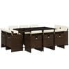 vidaXL 11 pcs conjunto jantar p/ jardim c/ almofad&otilde;es vime PE castanho