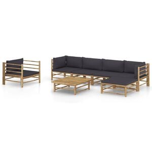 vidaXL 7 pcs conj. lounge jardim em bambu c/ almofad&otilde;es cinza-escuro