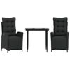 vidaXL 3 pcs conjunto de jantar p/ jardim c/ almofad&otilde;es vime PE preto