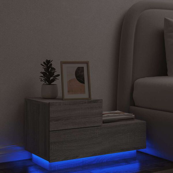 vidaXL Mesa de cabeceira com luzes LED 70x36x40,5 cm cinzento-sonoma